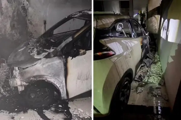 Carro elétrico destruído após incêndio registrado em Palmas — Foto: Divulgação/Bombeiros